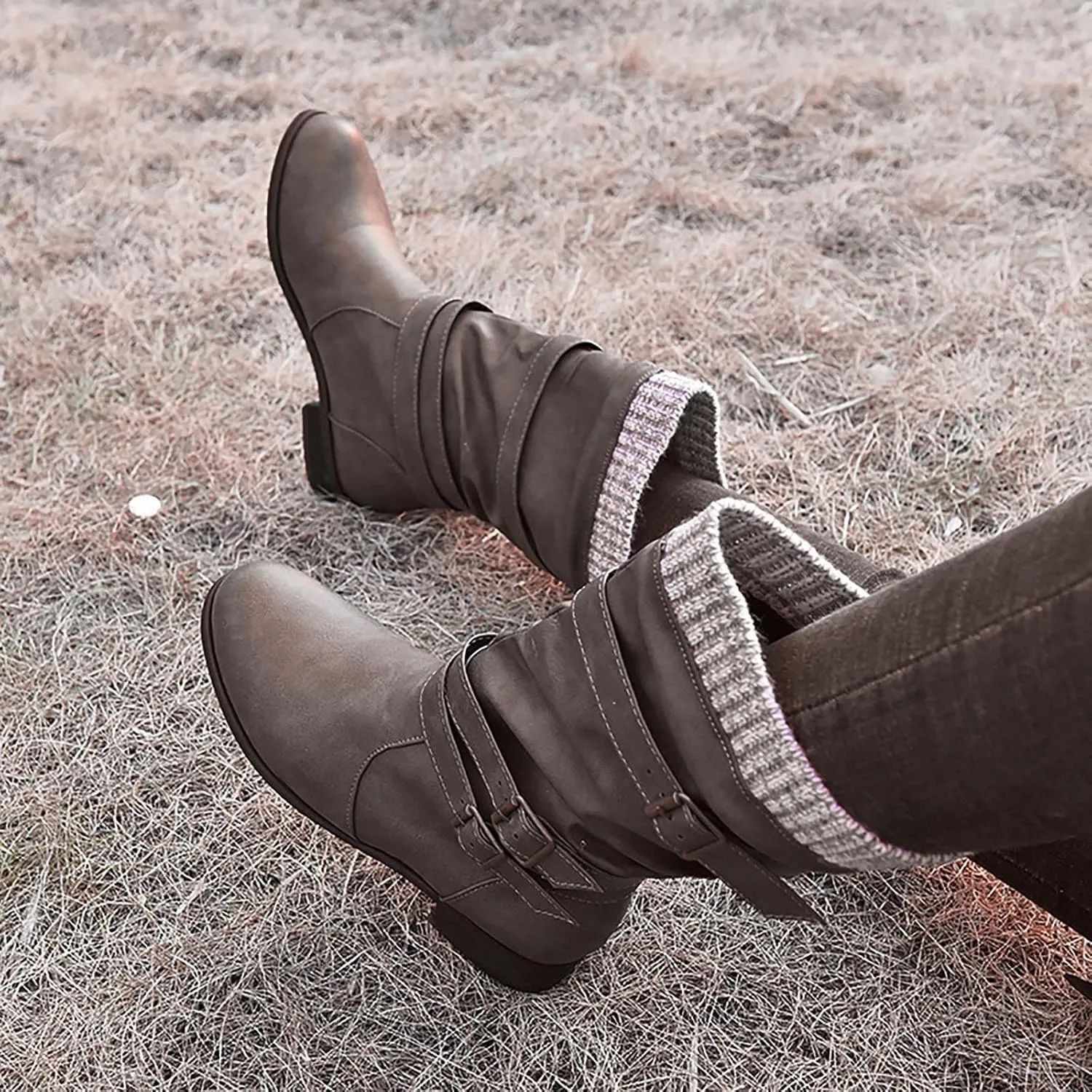 oiangi Womens Boots Winter Fashion Round Toe Buckle Strap Chunky Heels Slip on Mid-Calf Boots Retro Comfortable Casual Ladies Footwear Shoes