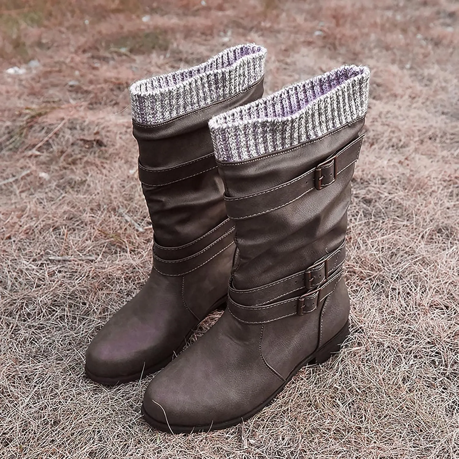 oiangi Womens Boots Winter Fashion Round Toe Buckle Strap Chunky Heels Slip on Mid-Calf Boots Retro Comfortable Casual Ladies Footwear Shoes