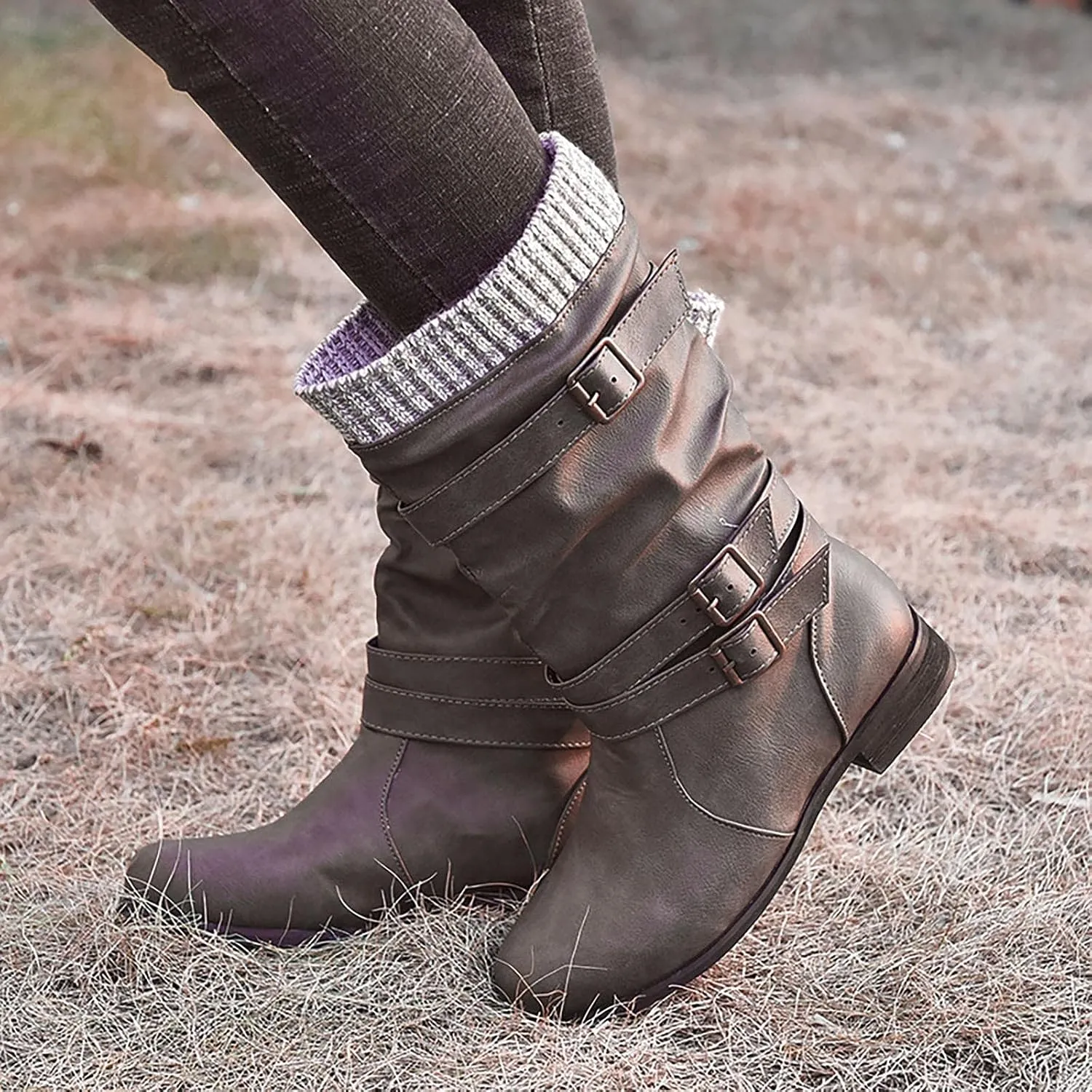 oiangi Womens Boots Winter Fashion Round Toe Buckle Strap Chunky Heels Slip on Mid-Calf Boots Retro Comfortable Casual Ladies Footwear Shoes