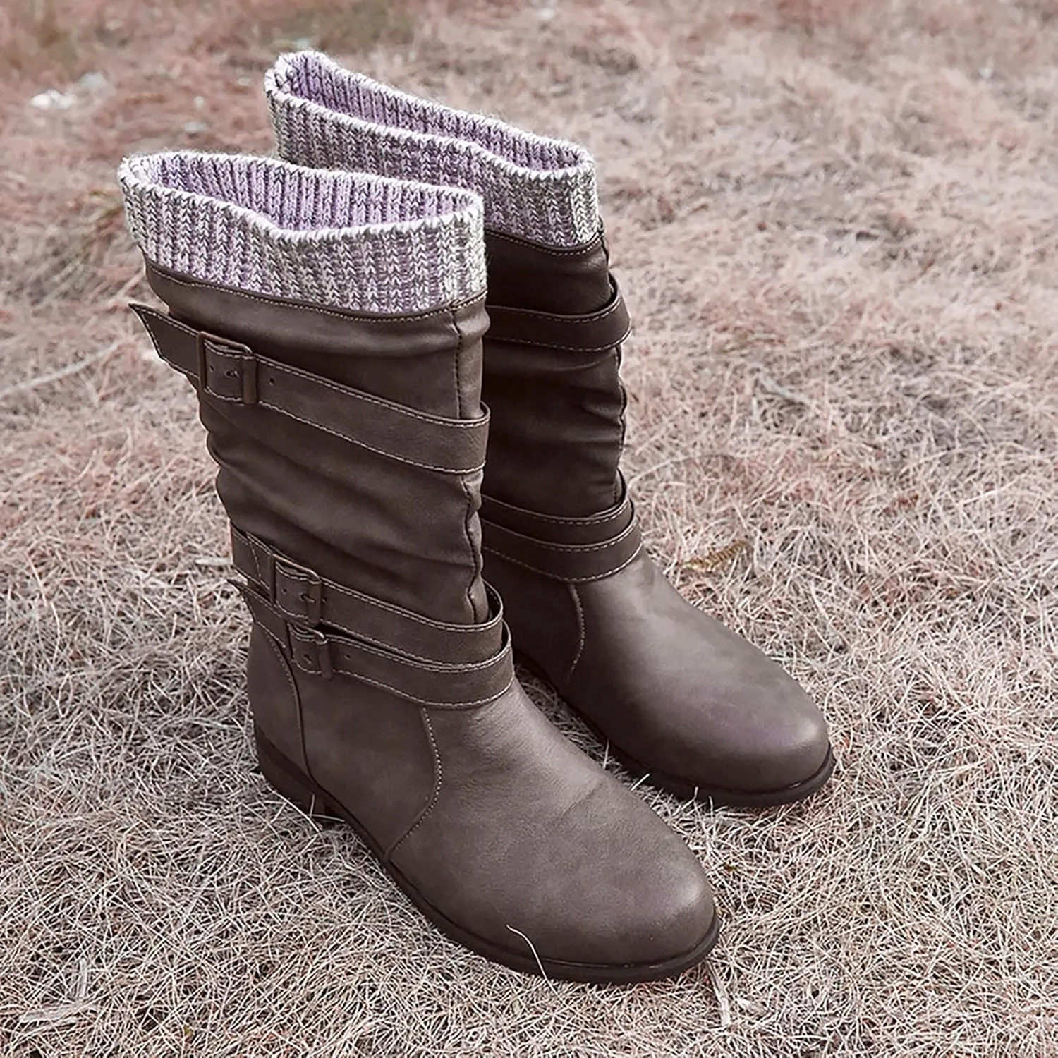 oiangi Womens Boots Winter Fashion Round Toe Buckle Strap Chunky Heels Slip on Mid-Calf Boots Retro Comfortable Casual Ladies Footwear Shoes