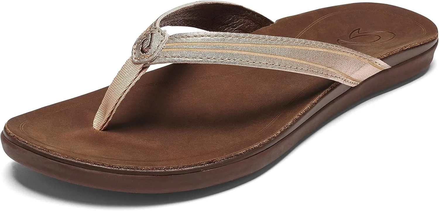 OLUKAI 'Aukai Women's Beach Sandals, Soft Leather Flip-Flop Slides with Non Marking Outsoles, Lightweight & All-Day Comfort