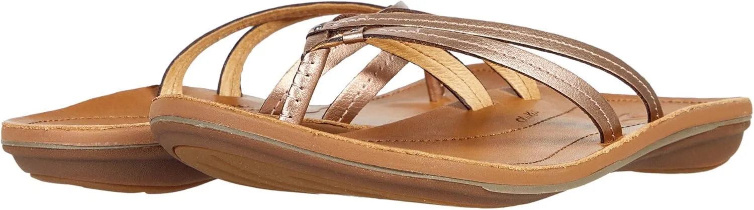 OLUKAI U'i Women's Beach Sandals, Premium Leather Flip-Flop Slides, Braided Palm Inspired Design, Compression Molded Footbed