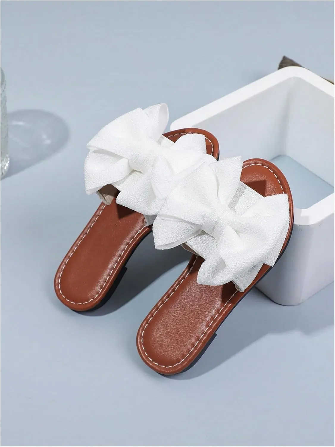 OYOANGLE Girl's Cute Bow Slide Sandals Open Toe Slip on Flat Sandal Summer Shoes