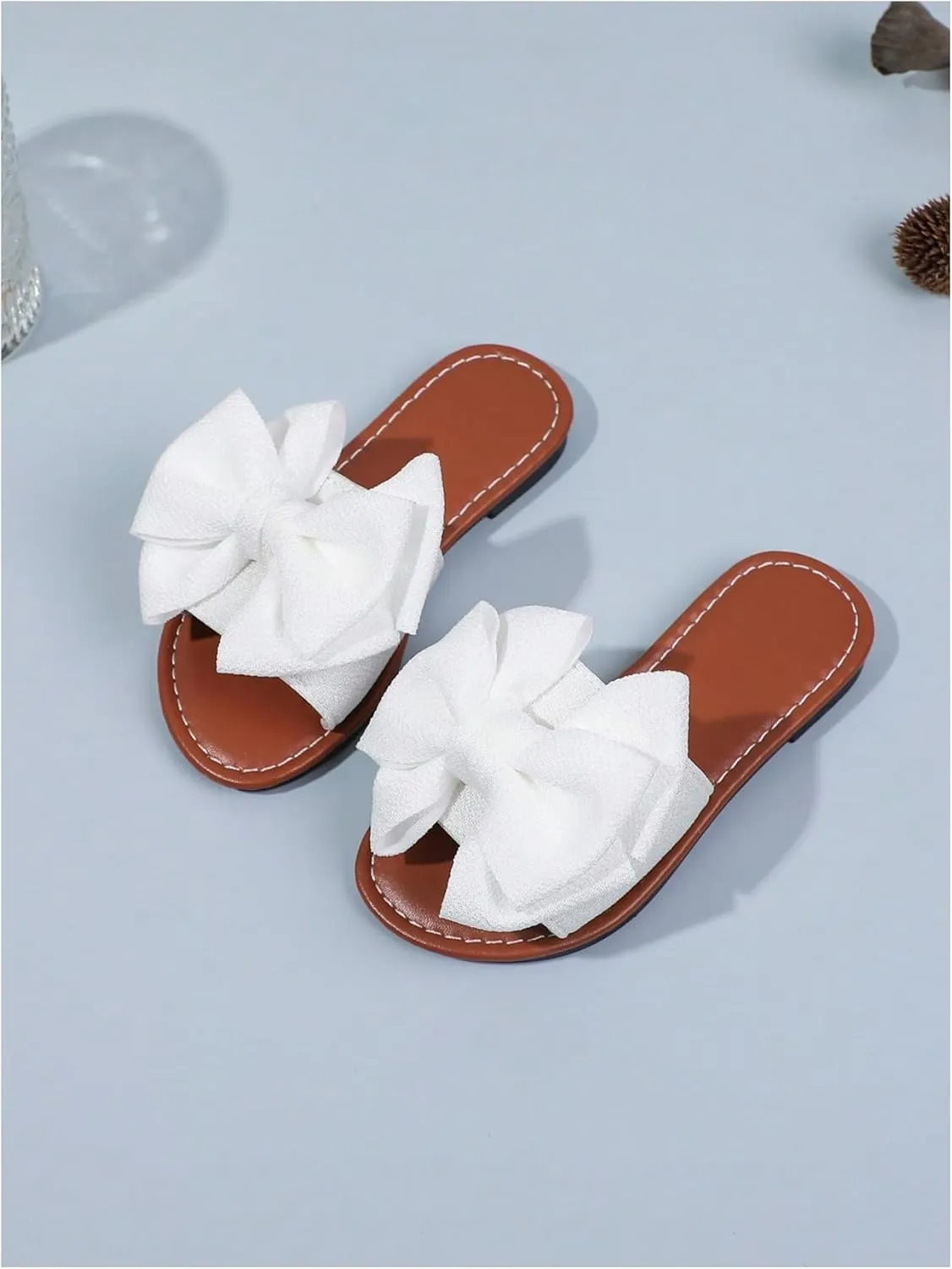 OYOANGLE Girl's Cute Bow Slide Sandals Open Toe Slip on Flat Sandal Summer Shoes