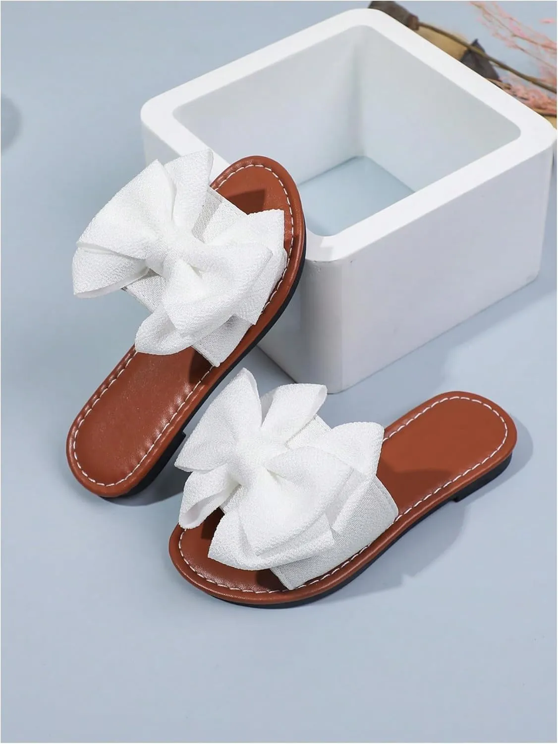 OYOANGLE Girl's Cute Bow Slide Sandals Open Toe Slip on Flat Sandal Summer Shoes