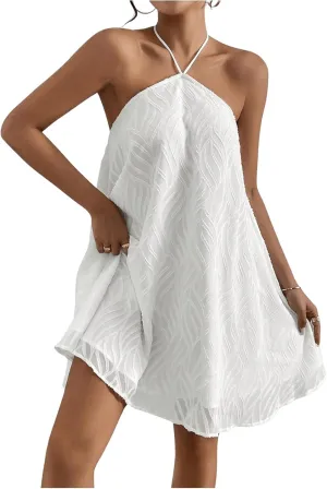 OYOANGLE Women's Textured Halter Backless Short Dress Sleeveless Flowy Vacation Mini Dresses