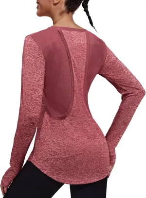 PINSPARK Long Sleeve Workout Shirts for Women Mesh Yoga Tops Loose Fit Hiking Gym Shirts Breathable Quick Dry Running