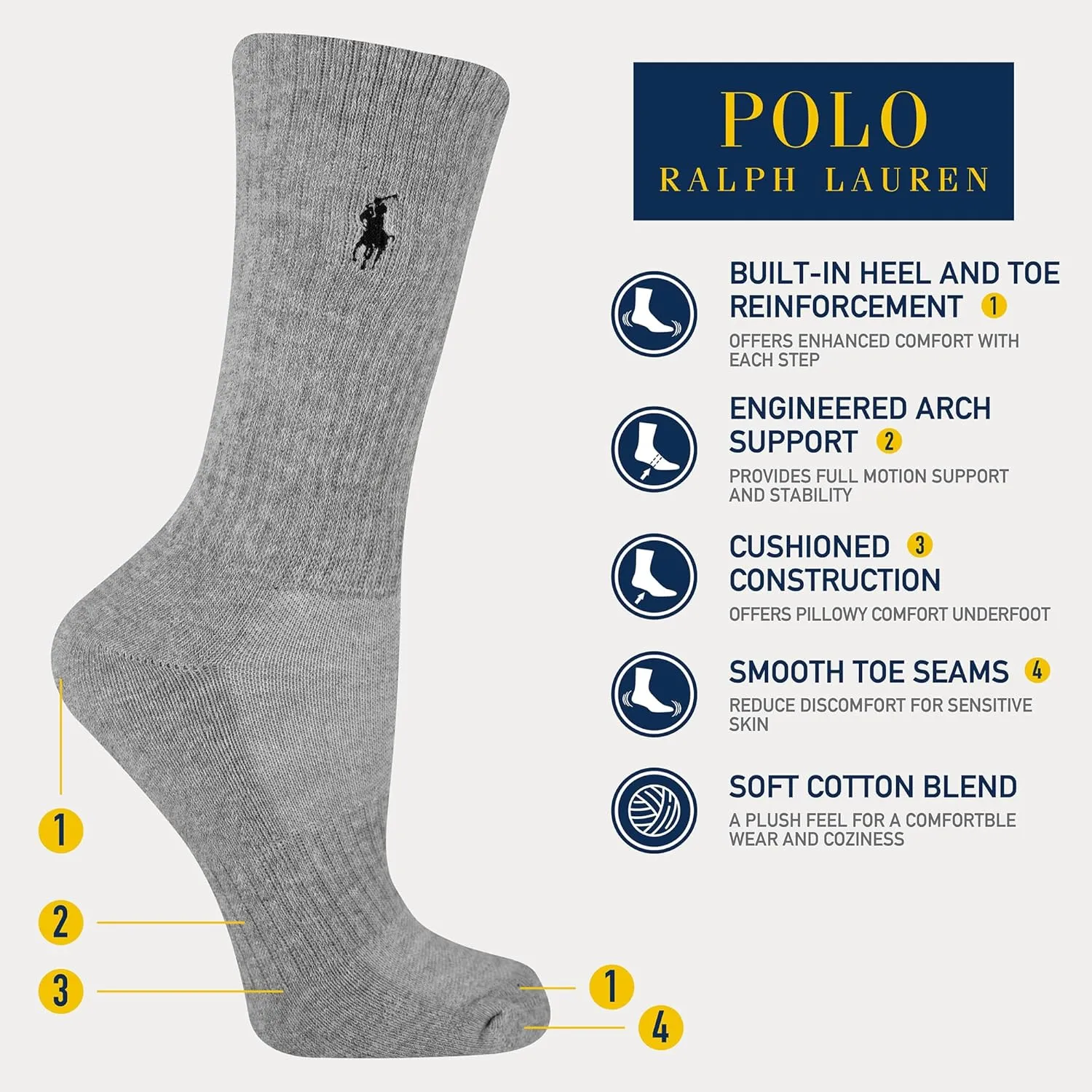 POLO RALPH LAUREN Womens Performance Cotton Crew Socks 6 Pair Pack Breathable Mesh and Sport Cushioning