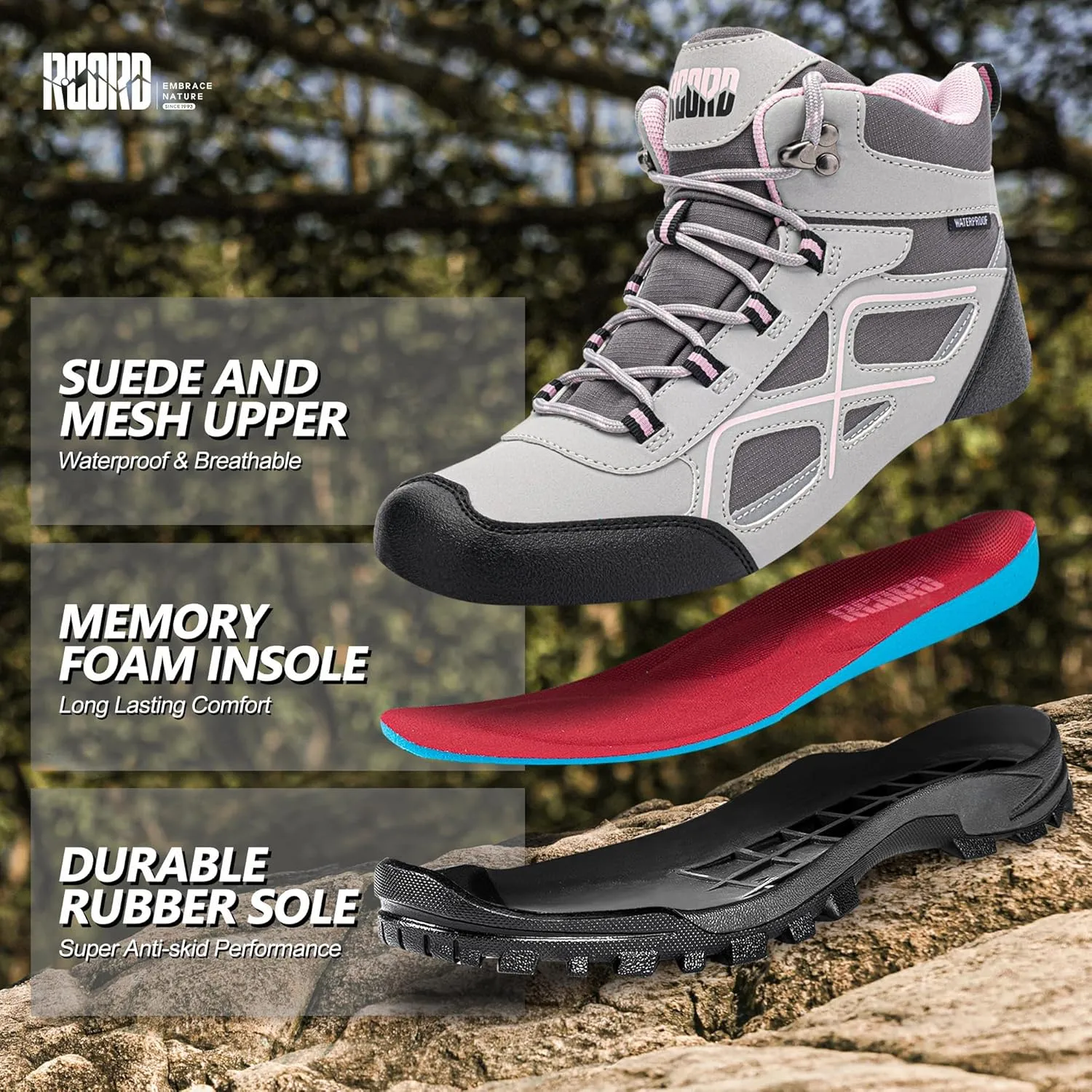 R CORD Womens Hiking Boots Waterproof Mid-Cut Hiking Boots Womens Non-Slip Hiking shoes Outdoor Trekking Camping Trail Outdoor