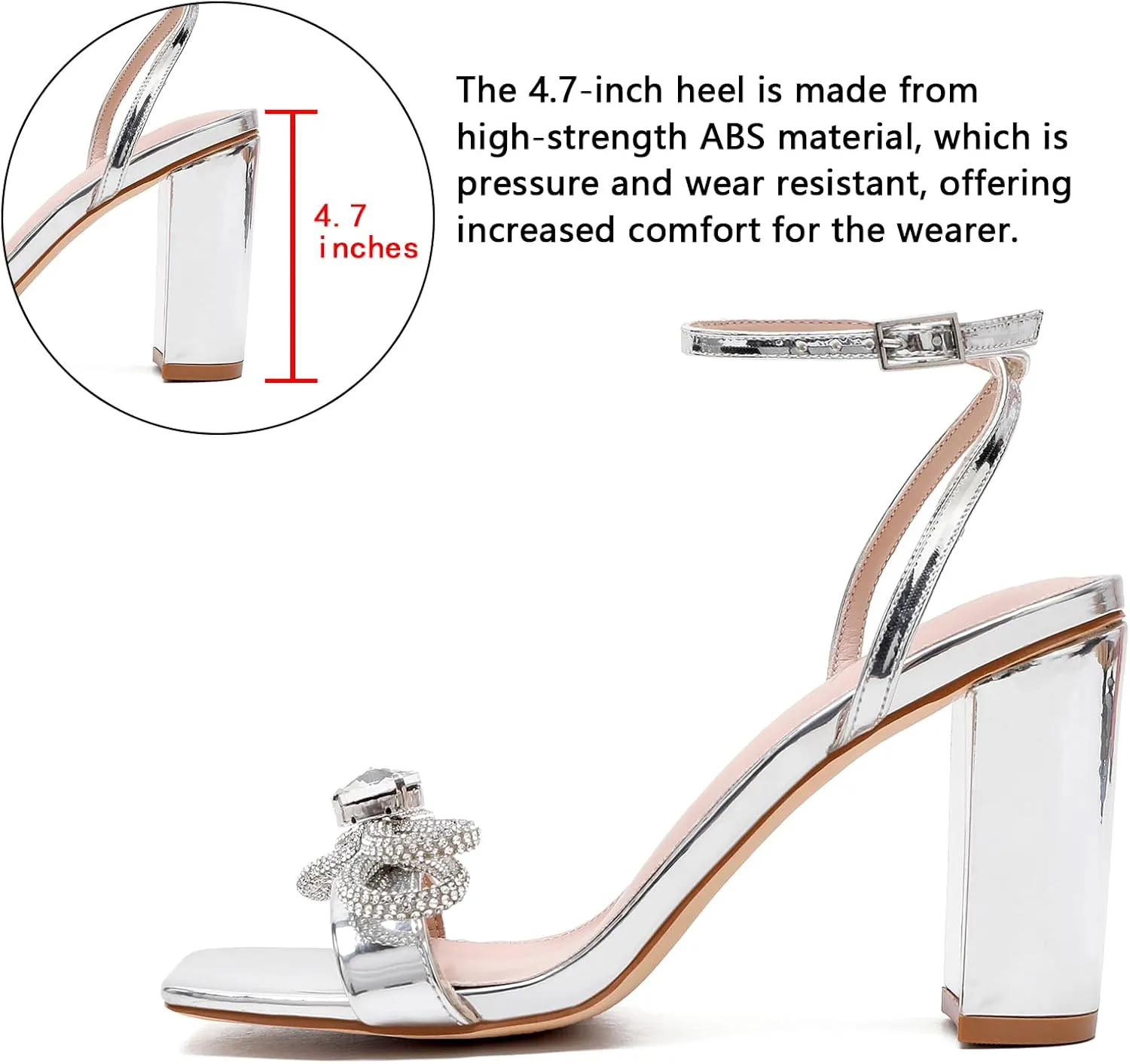 Rhinestone Heels for Women - Sparkling Bow Sandals Slingback Square Toe Chunky Block Heels for Party Wedding