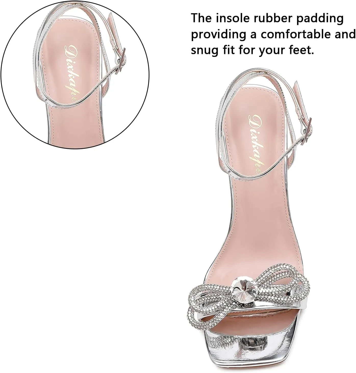 Rhinestone Heels for Women - Sparkling Bow Sandals Slingback Square Toe Chunky Block Heels for Party Wedding