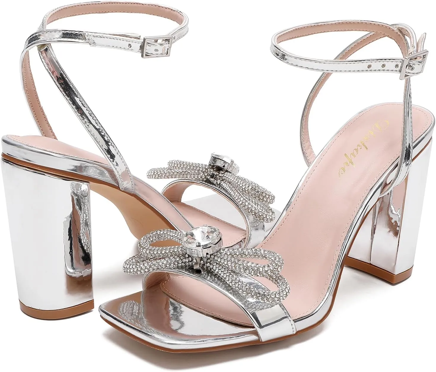 Rhinestone Heels for Women - Sparkling Bow Sandals Slingback Square Toe Chunky Block Heels for Party Wedding
