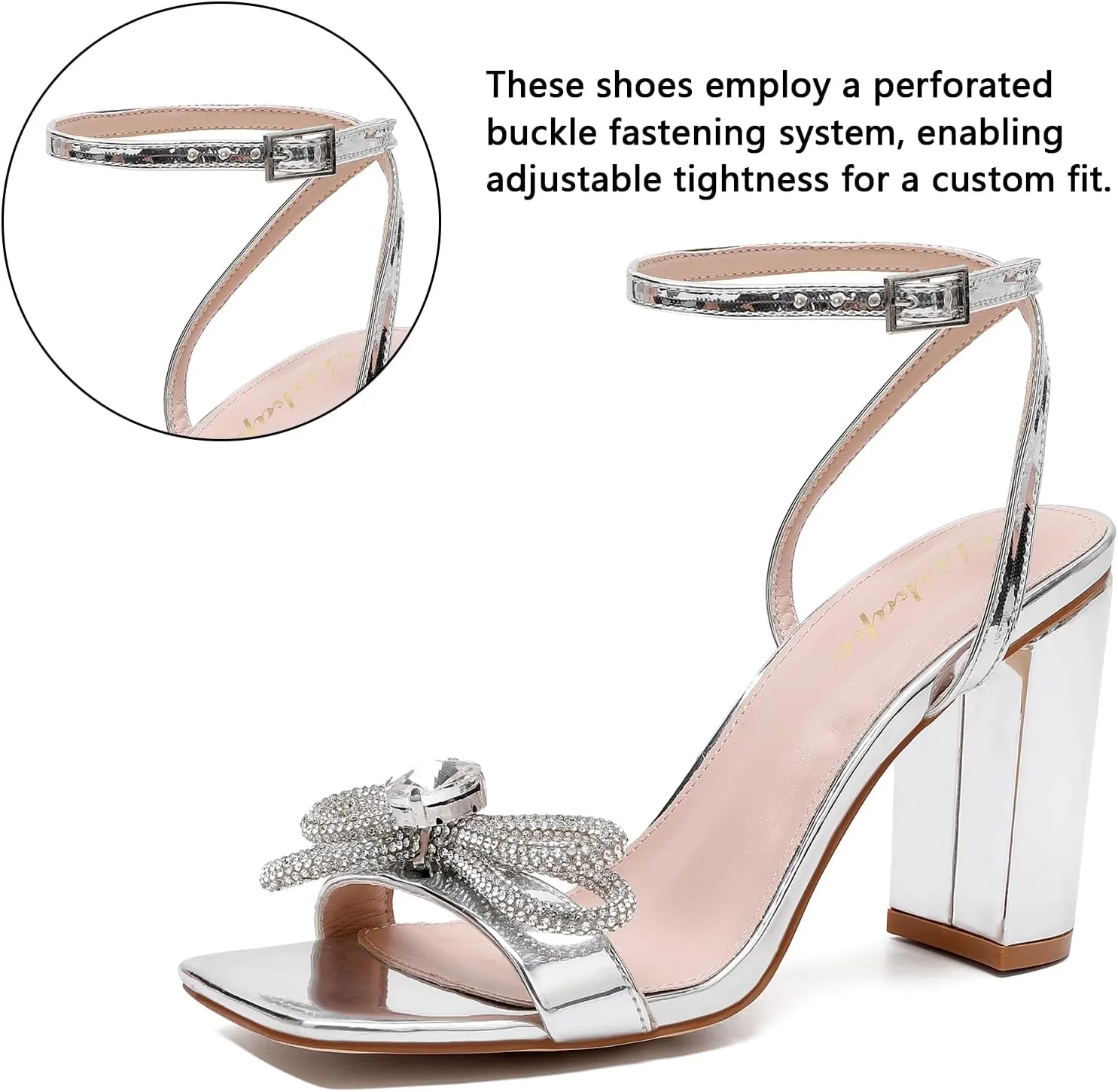 Rhinestone Heels for Women - Sparkling Bow Sandals Slingback Square Toe Chunky Block Heels for Party Wedding