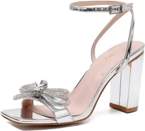 Rhinestone Heels for Women - Sparkling Bow Sandals Slingback Square Toe Chunky Block Heels for Party Wedding