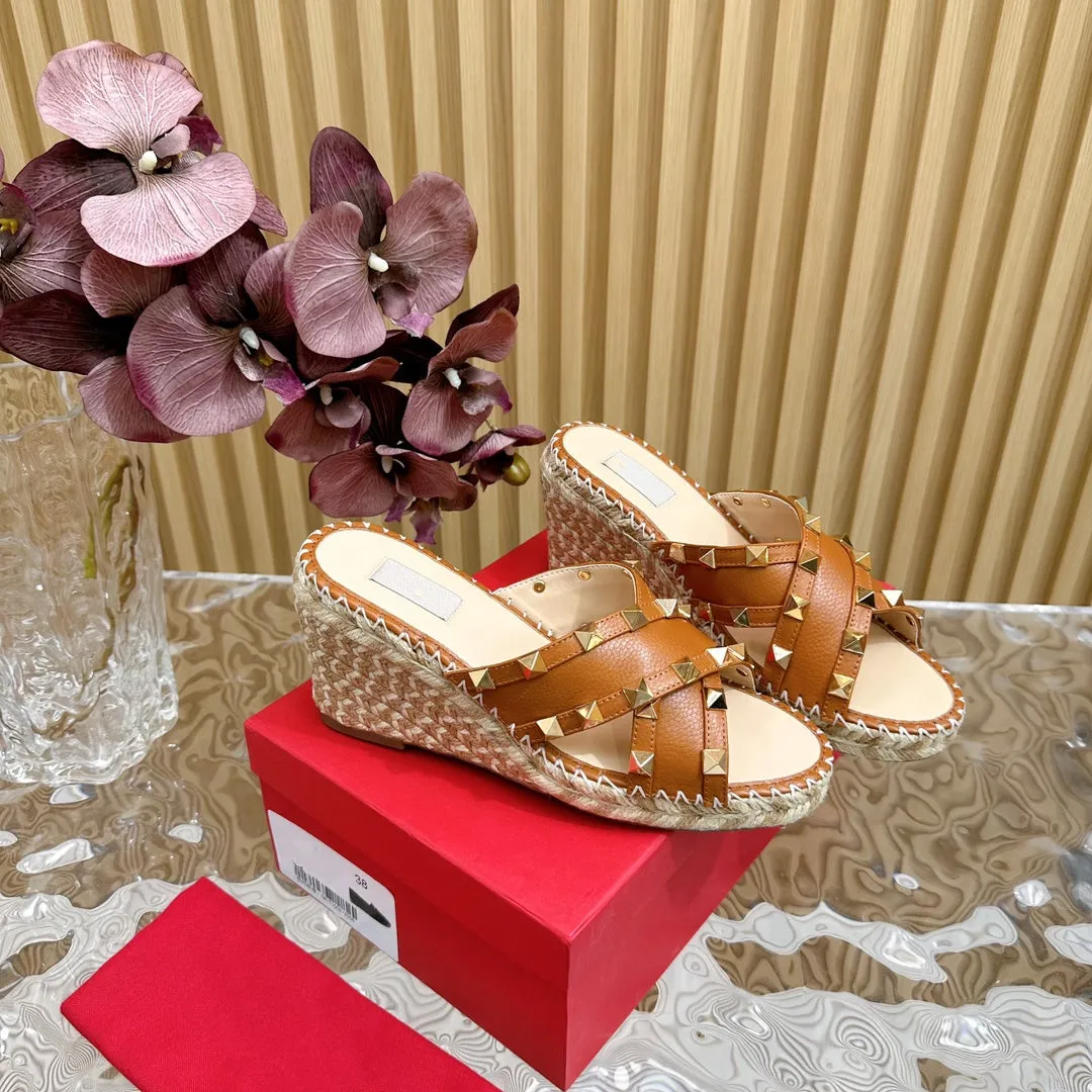 Rockstud Crisscross Espadrilles 80mm Sandal Wedges Brown