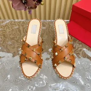 Rockstud Crisscross Espadrilles 80mm Sandal Wedges Brown