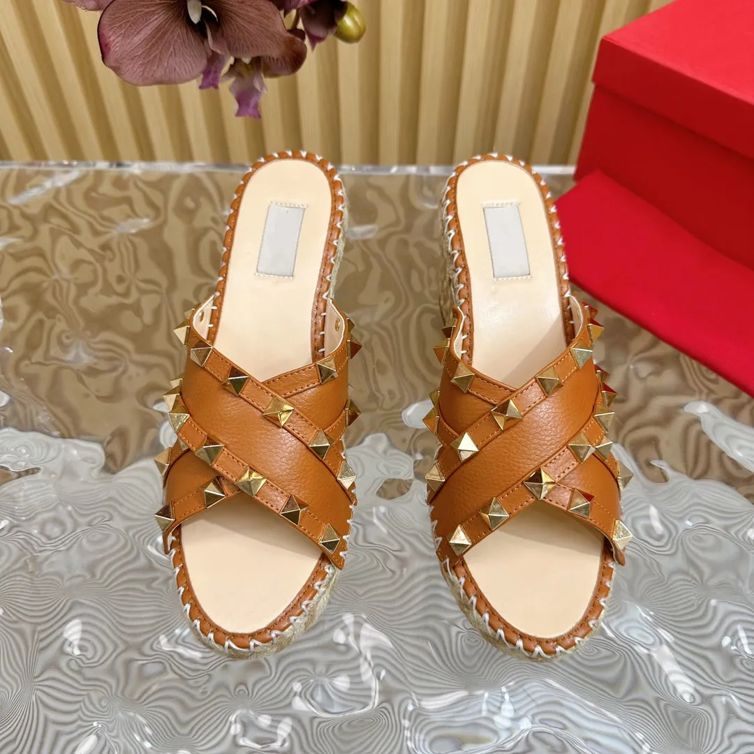 Rockstud Crisscross Espadrilles 80mm Sandal Wedges Brown