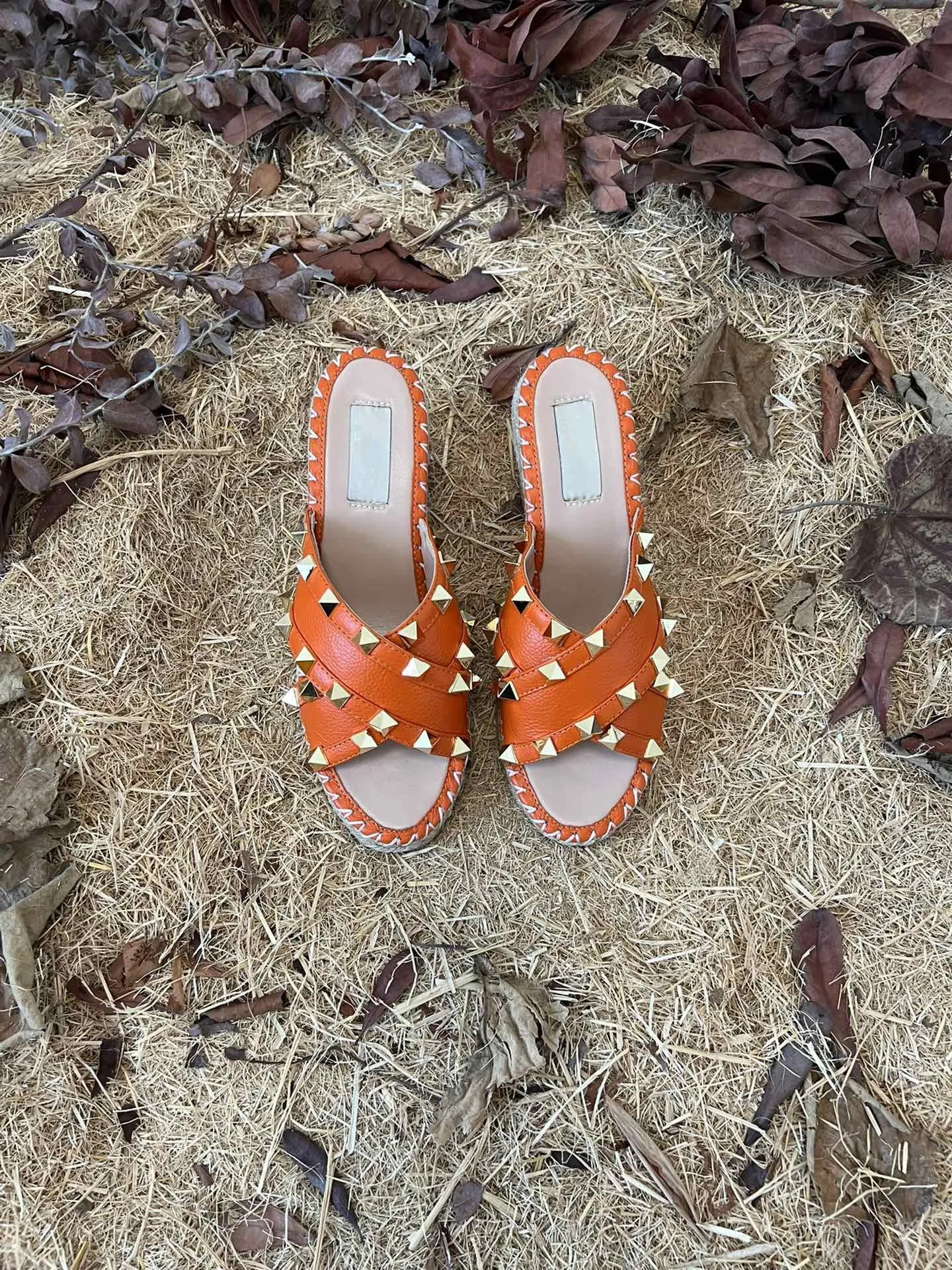 Rockstud Crisscross Espadrilles 80mm Sandal Wedges Orange