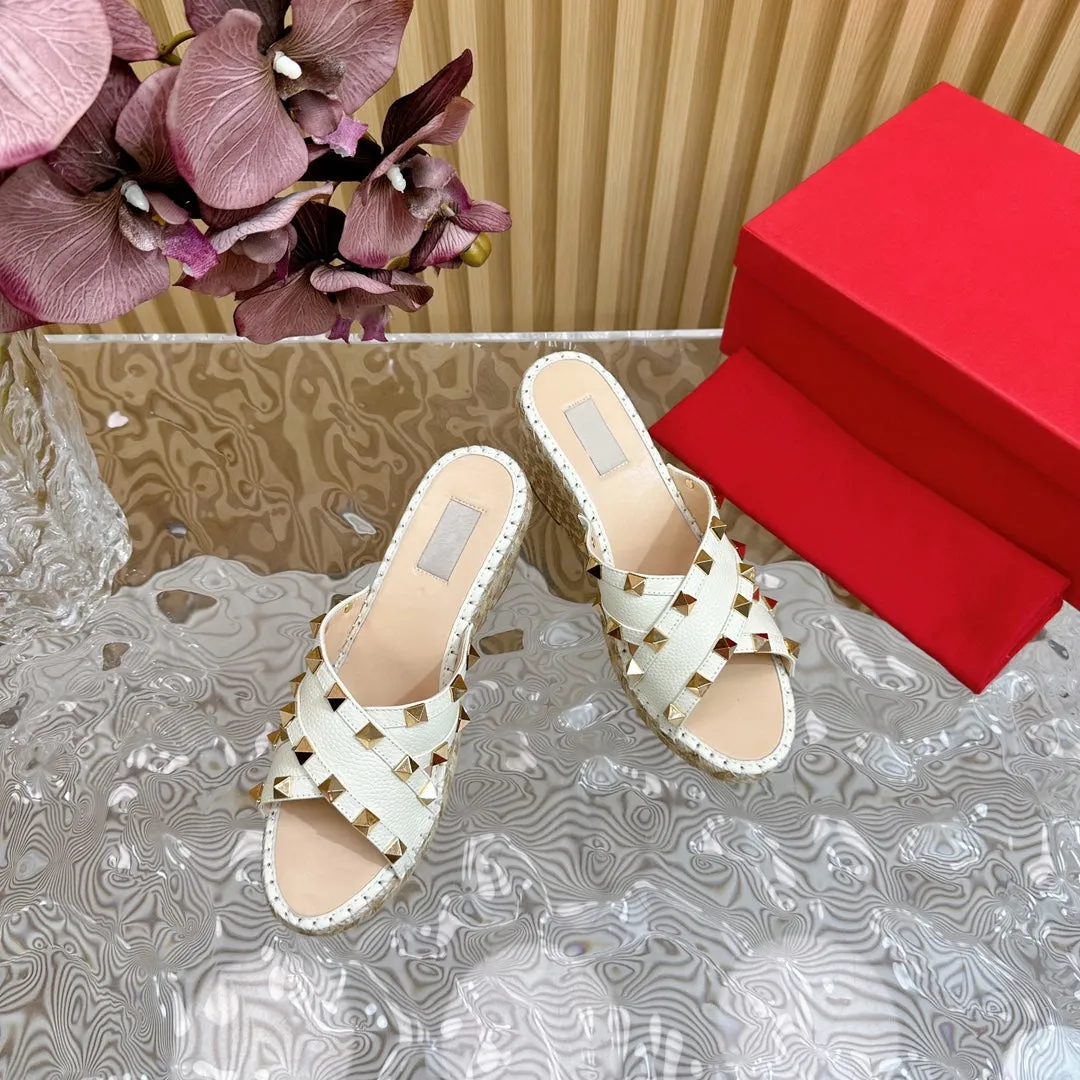 Rockstud Crisscross Espadrilles 80mm Sandal Wedges White