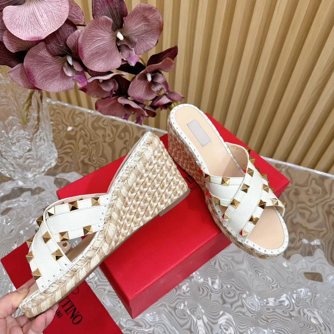 Rockstud Crisscross Espadrilles 80mm Sandal Wedges White