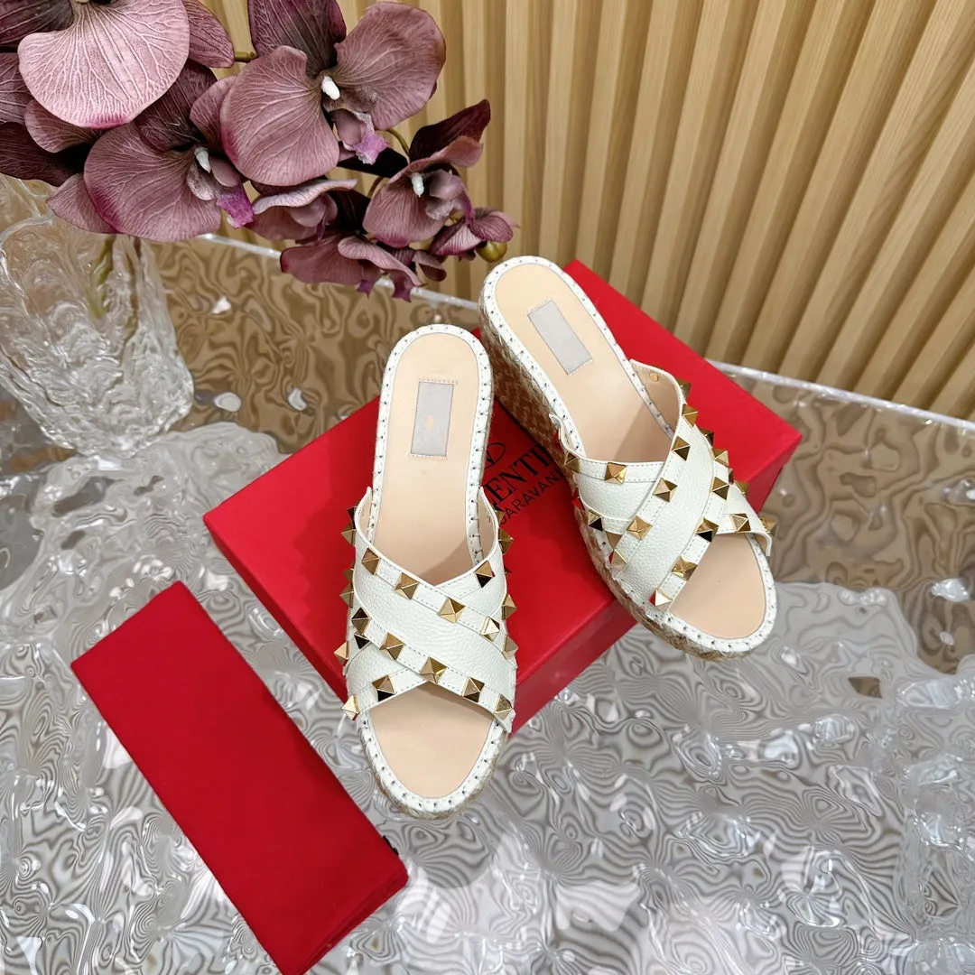 Rockstud Crisscross Espadrilles 80mm Sandal Wedges White