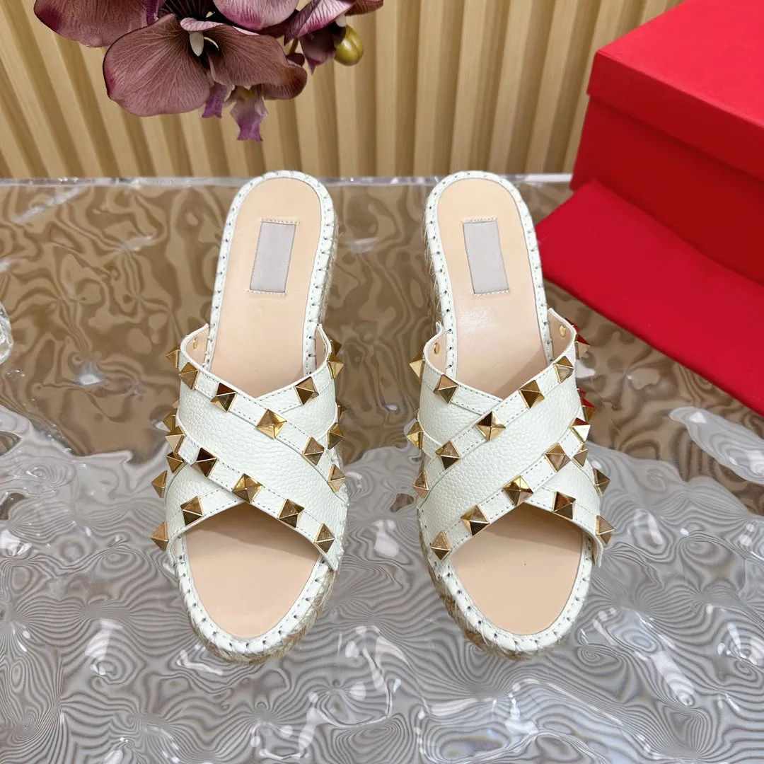 Rockstud Crisscross Espadrilles 80mm Sandal Wedges White