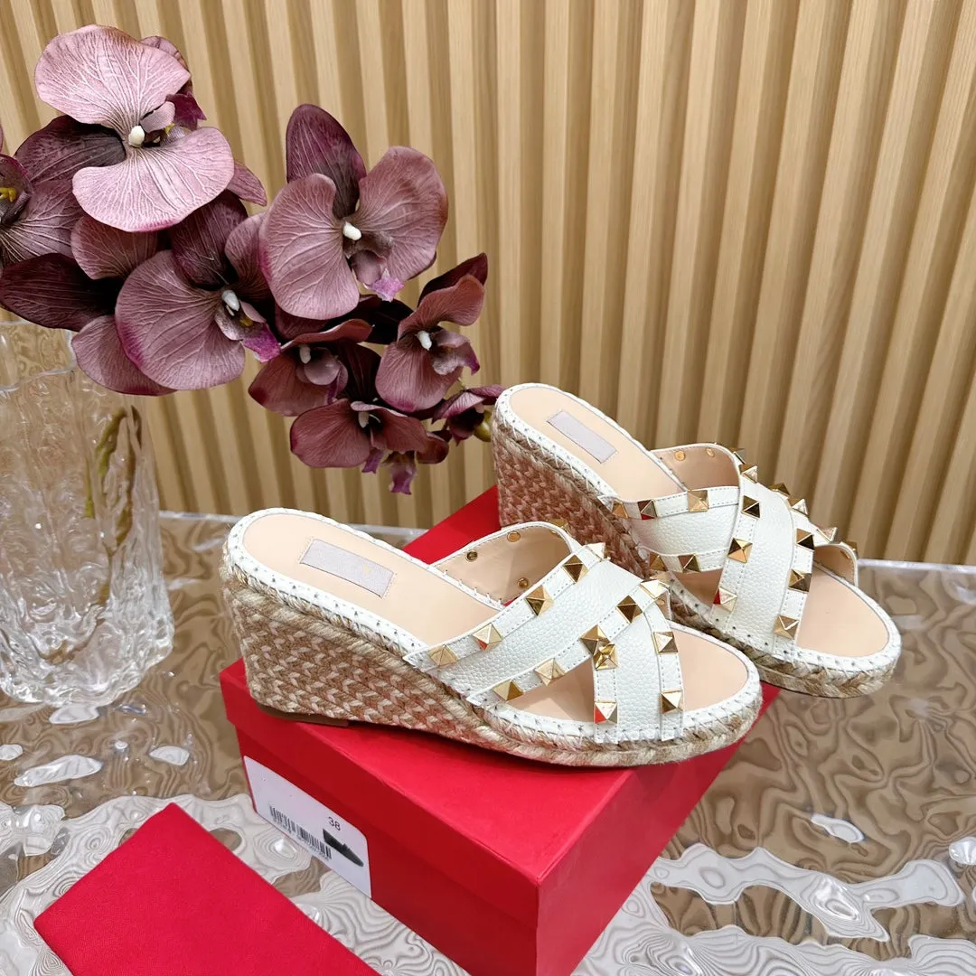 Rockstud Crisscross Espadrilles 80mm Sandal Wedges White