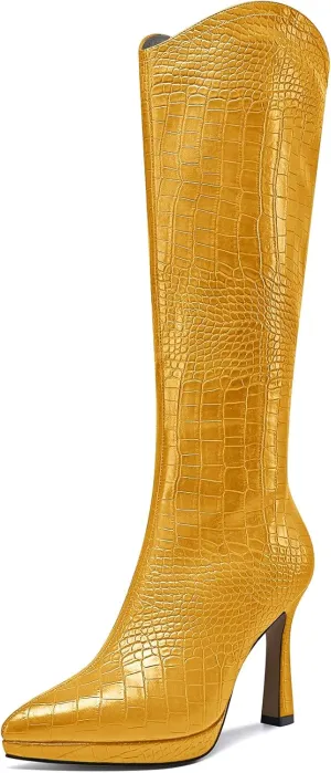 Saekcted Womens Stiletto High Heel Pointed Toe Mid Calf Boots Platform Slip-on Zipper Dress Shoes Prom Party Winter 3.9 Inches Heels