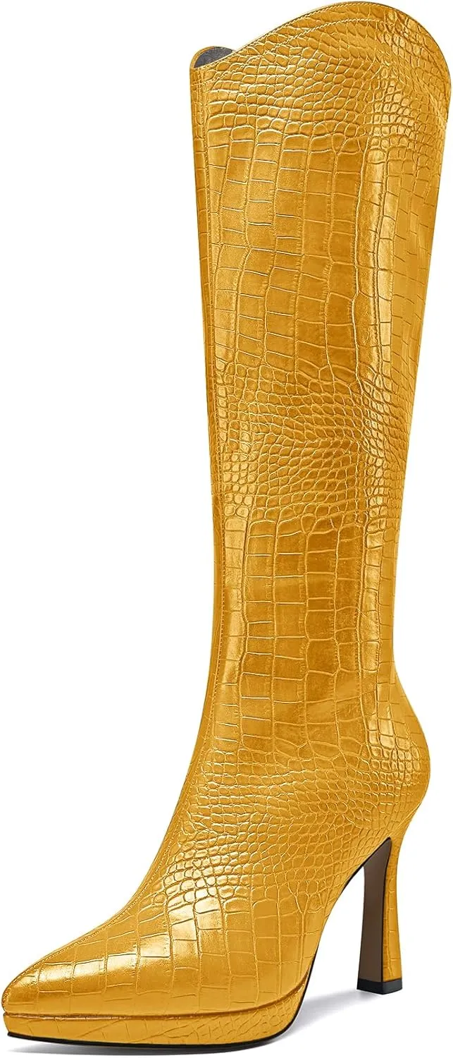 Saekcted Womens Stiletto High Heel Pointed Toe Mid Calf Boots Platform Slip-on Zipper Dress Shoes Prom Party Winter 3.9 Inches Heels