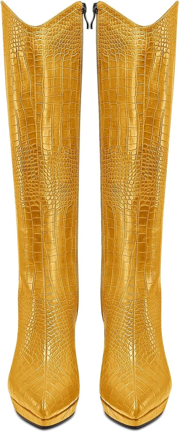 Saekcted Womens Stiletto High Heel Pointed Toe Mid Calf Boots Platform Slip-on Zipper Dress Shoes Prom Party Winter 3.9 Inches Heels