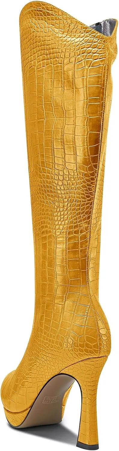 Saekcted Womens Stiletto High Heel Pointed Toe Mid Calf Boots Platform Slip-on Zipper Dress Shoes Prom Party Winter 3.9 Inches Heels