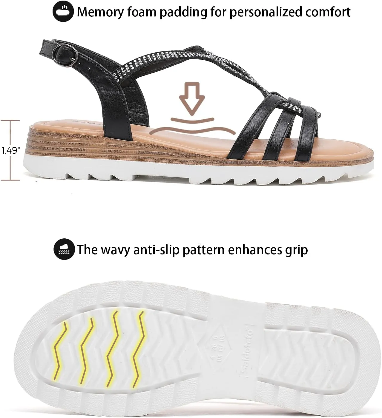 Saidoteto Women's Wide Width Flat Sandals,Casual Open Toe Strappy Slip-on Summer Dressy Sandals with Sparkling Rhinestones