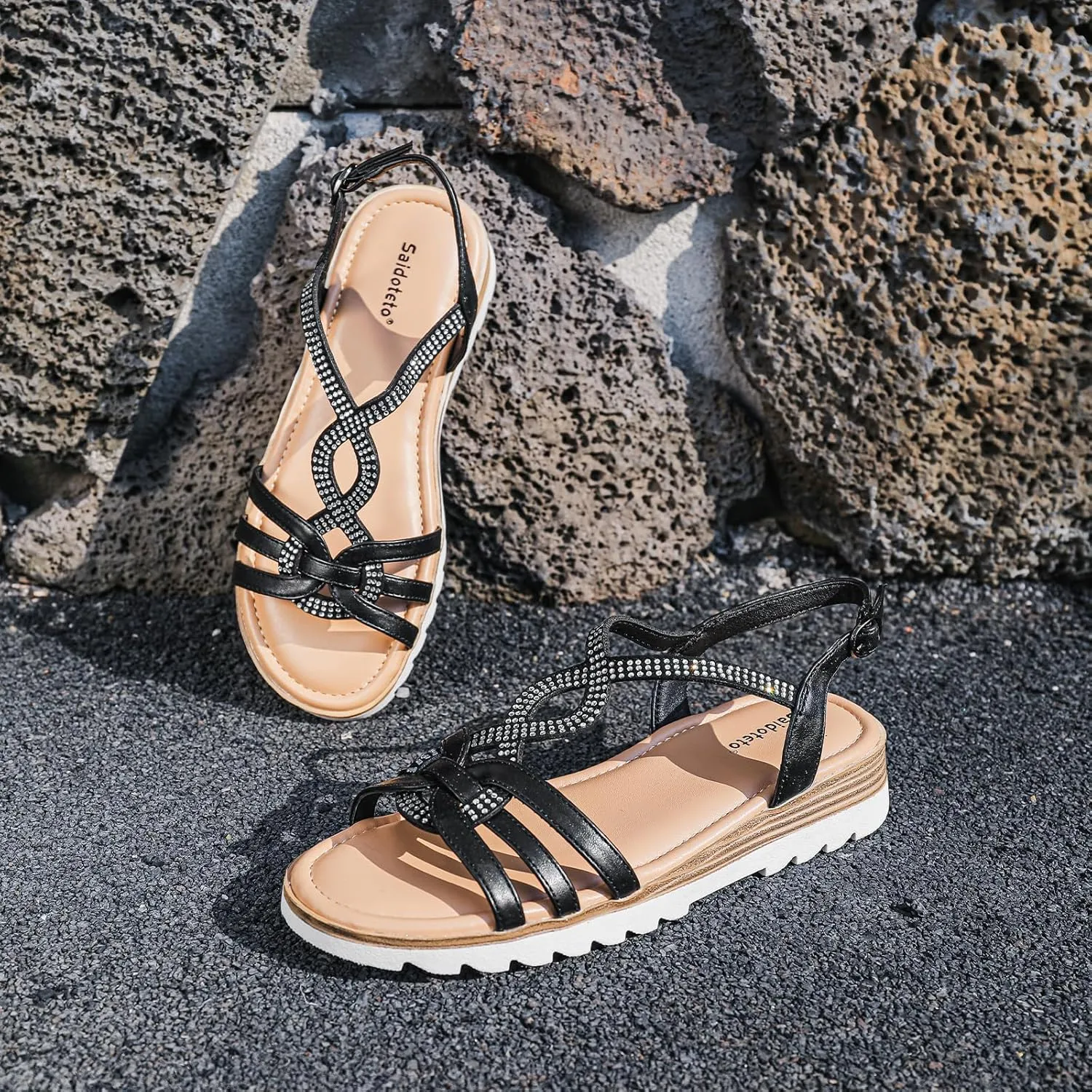 Saidoteto Women's Wide Width Flat Sandals,Casual Open Toe Strappy Slip-on Summer Dressy Sandals with Sparkling Rhinestones
