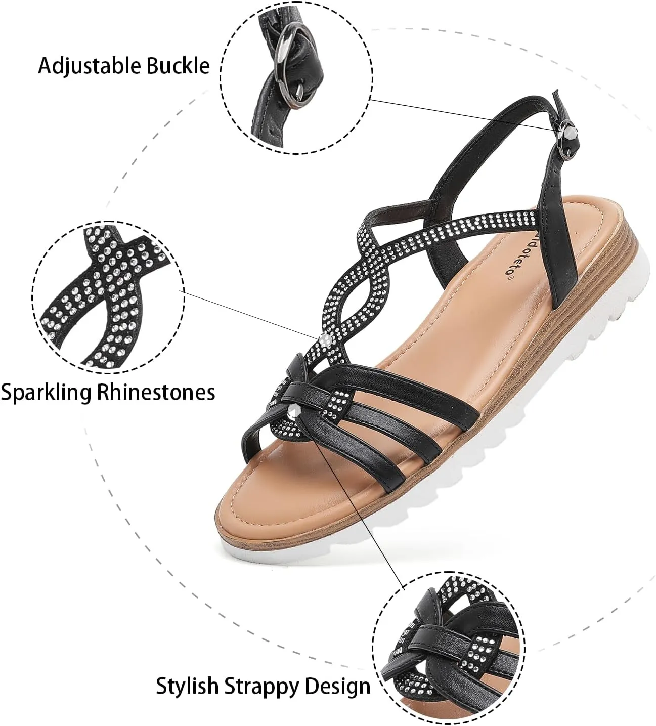 Saidoteto Women's Wide Width Flat Sandals,Casual Open Toe Strappy Slip-on Summer Dressy Sandals with Sparkling Rhinestones