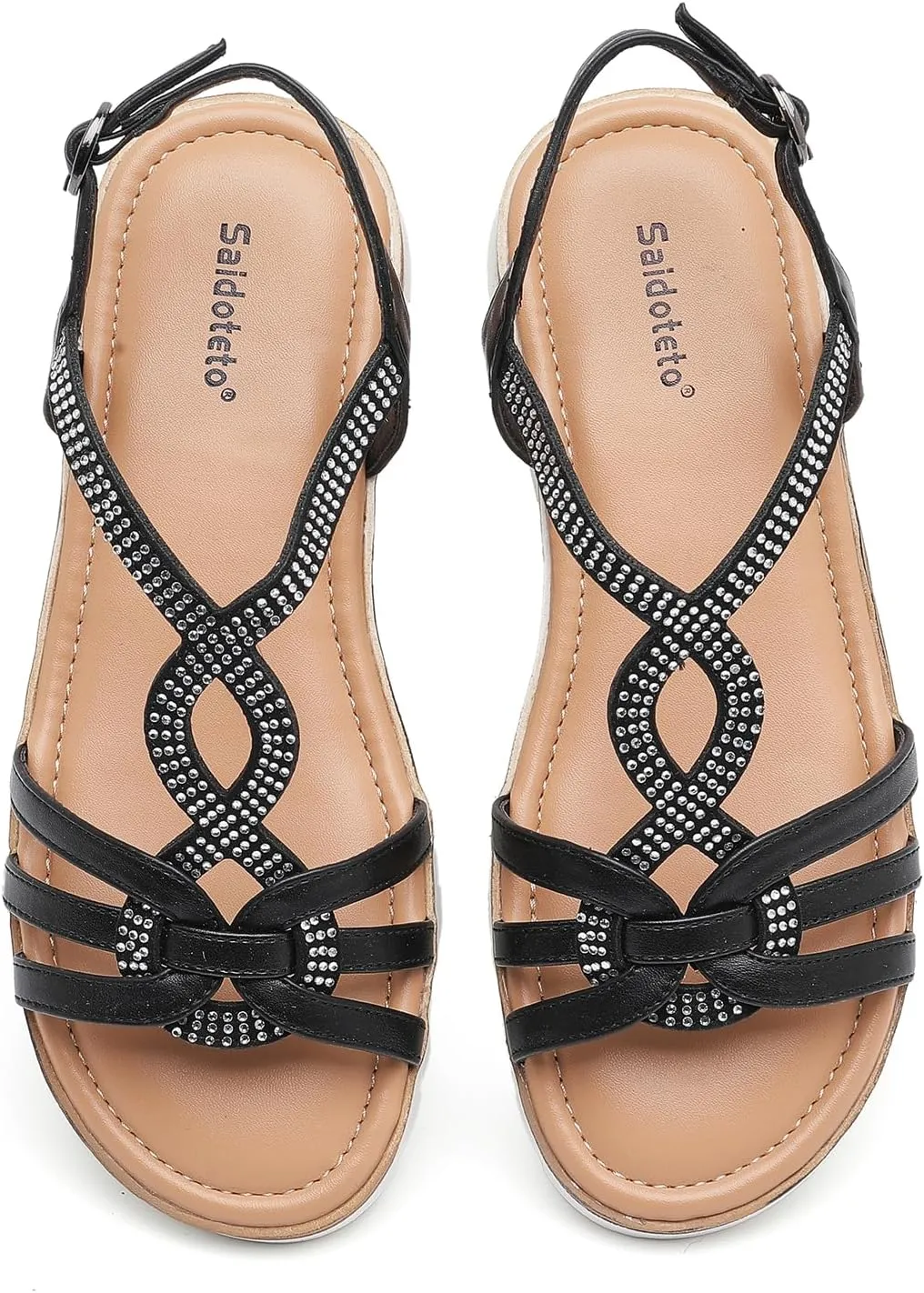 Saidoteto Women's Wide Width Flat Sandals,Casual Open Toe Strappy Slip-on Summer Dressy Sandals with Sparkling Rhinestones