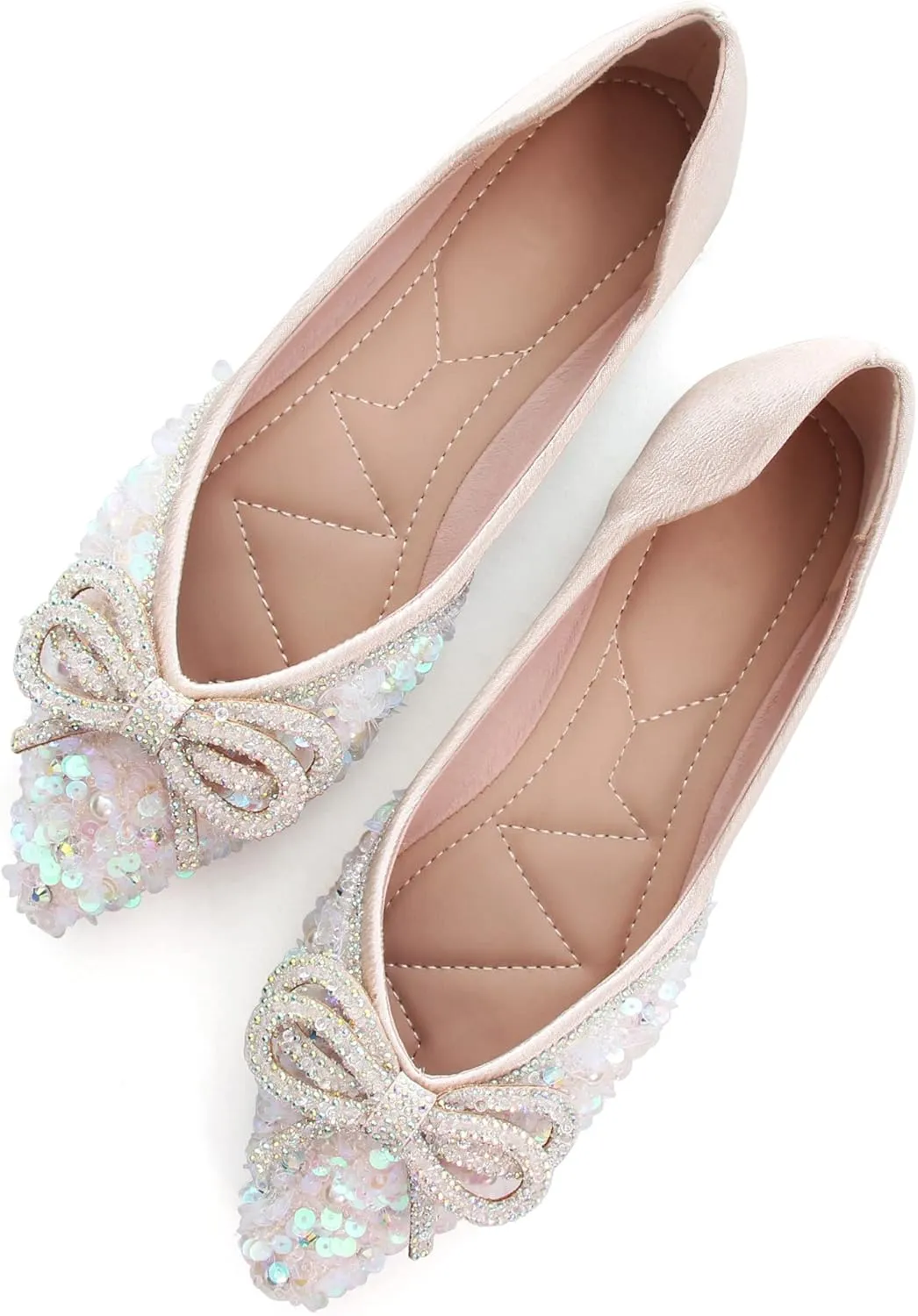 SAILING LU Bow-Knot Ballet Flats for Women Pointed Toe Crystals Wedding Shoes Comfort Light Weight Loafers