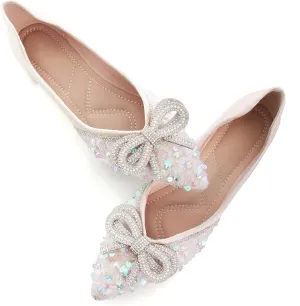 SAILING LU Bow-Knot Ballet Flats for Women Pointed Toe Crystals Wedding Shoes Comfort Light Weight Loafers