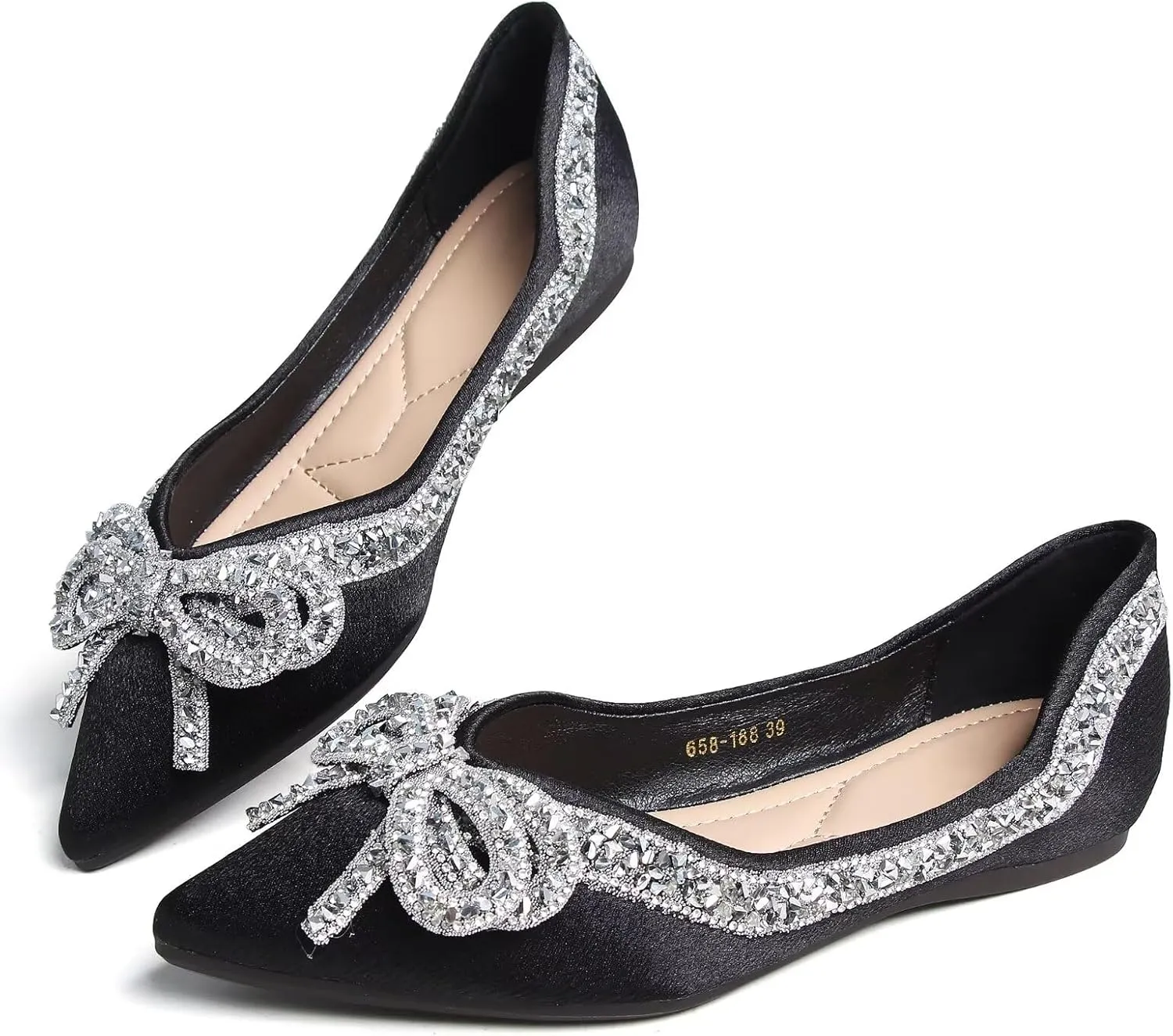 SAILING LU Bow-Knot Ballet Flats for Women Pointed Toe Crystals Wedding Shoes Comfort Light Weight Loafers