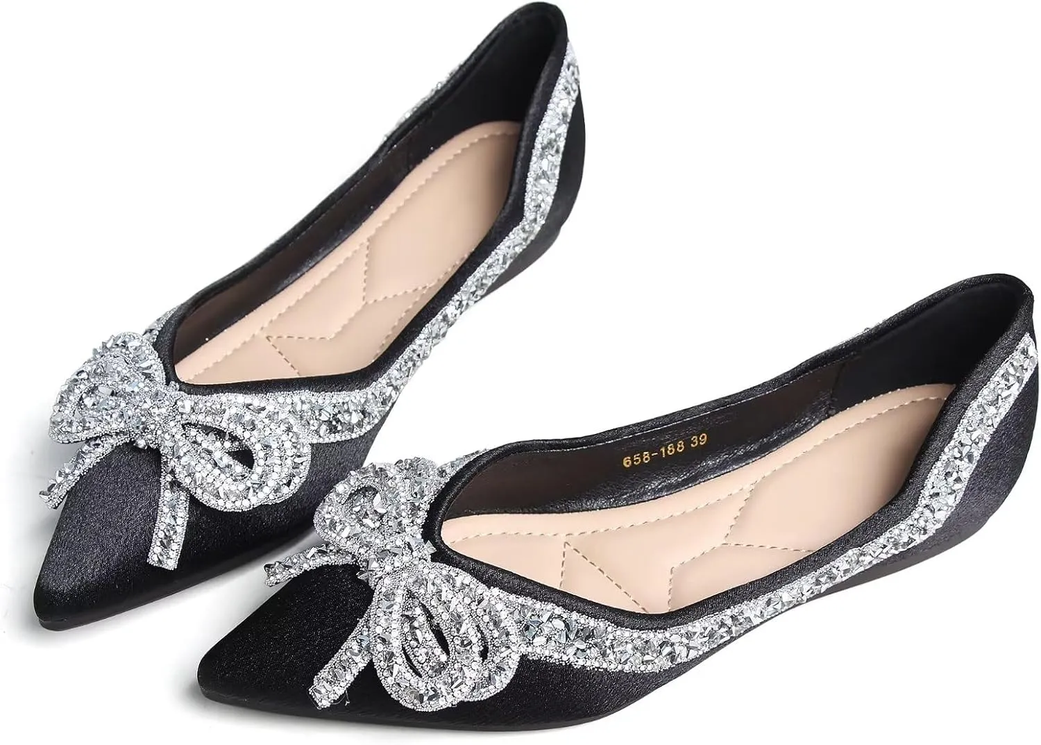 SAILING LU Bow-Knot Ballet Flats for Women Pointed Toe Crystals Wedding Shoes Comfort Light Weight Loafers