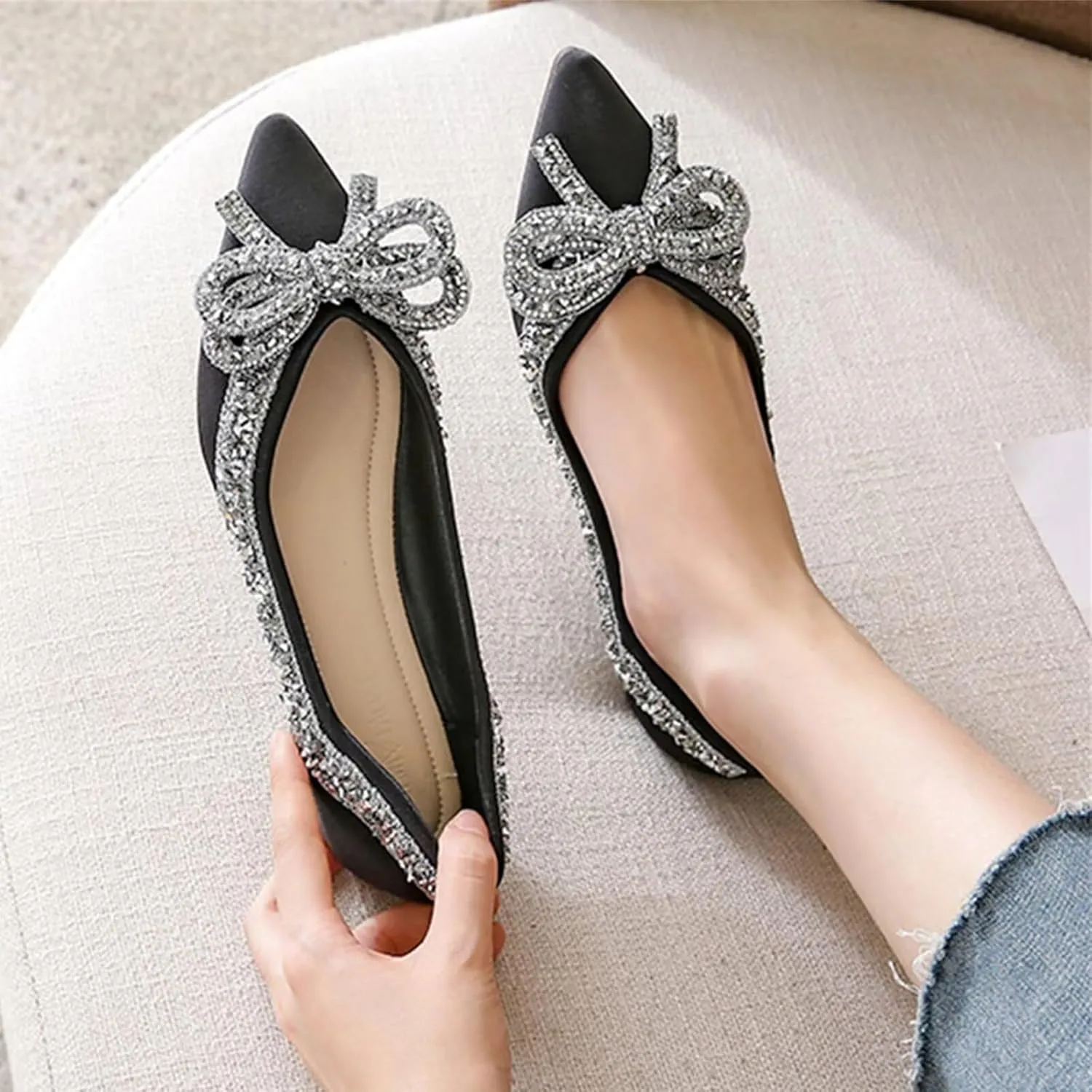 SAILING LU Bow-Knot Ballet Flats for Women Pointed Toe Crystals Wedding Shoes Comfort Light Weight Loafers
