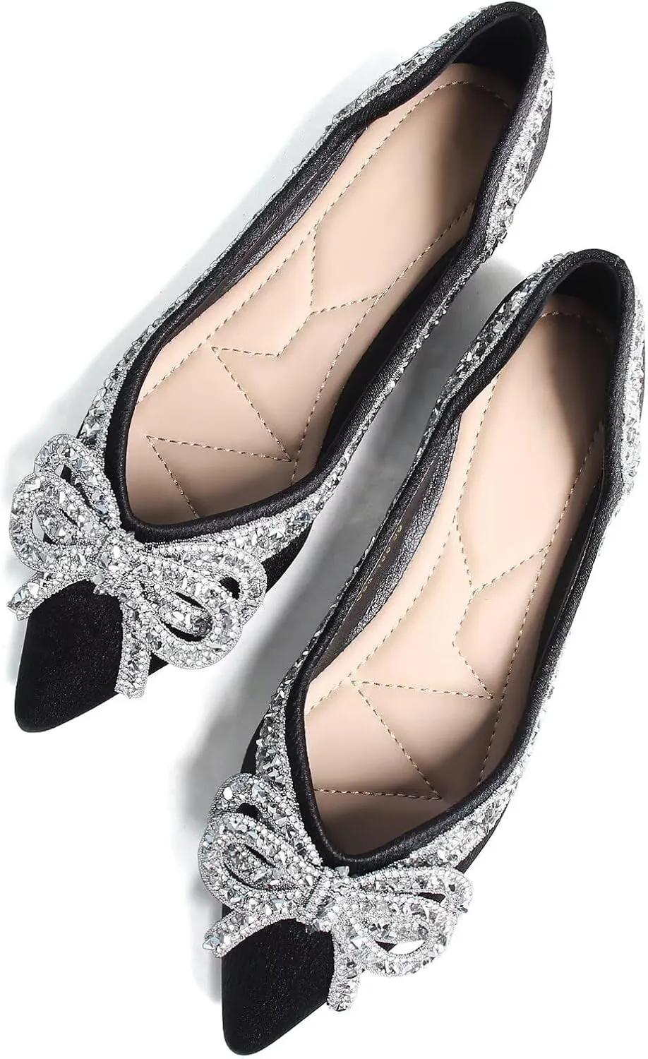 SAILING LU Bow-Knot Ballet Flats for Women Pointed Toe Crystals Wedding Shoes Comfort Light Weight Loafers