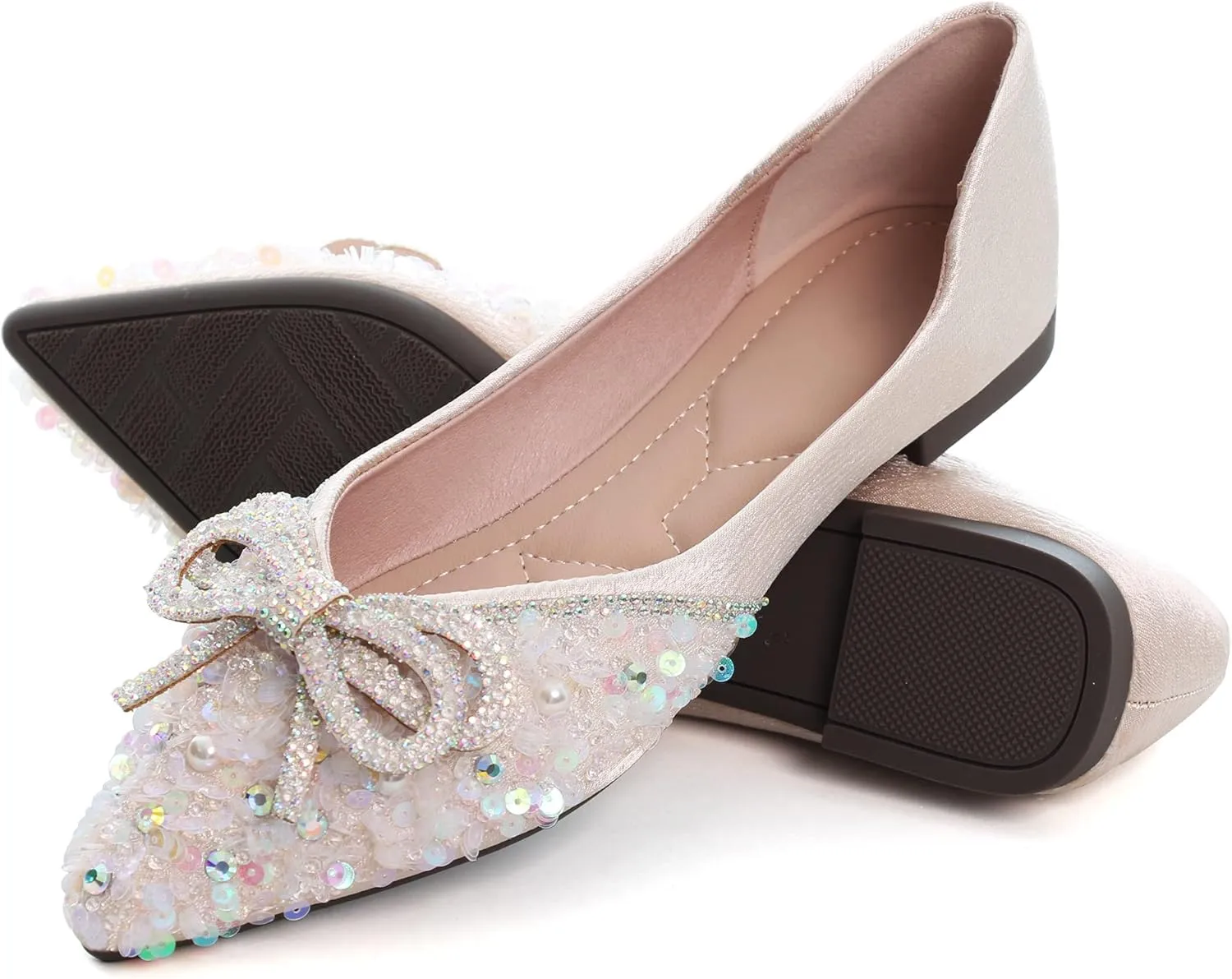 SAILING LU Bow-Knot Ballet Flats for Women Pointed Toe Crystals Wedding Shoes Comfort Light Weight Loafers