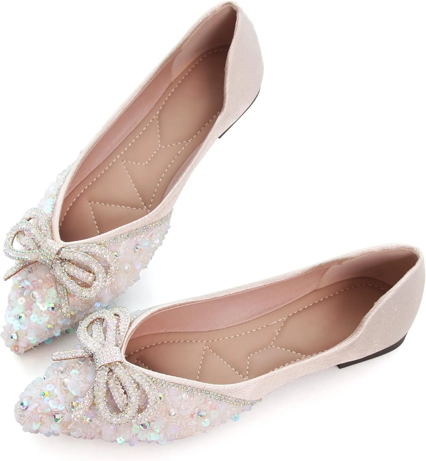 SAILING LU Bow-Knot Ballet Flats for Women Pointed Toe Crystals Wedding Shoes Comfort Light Weight Loafers