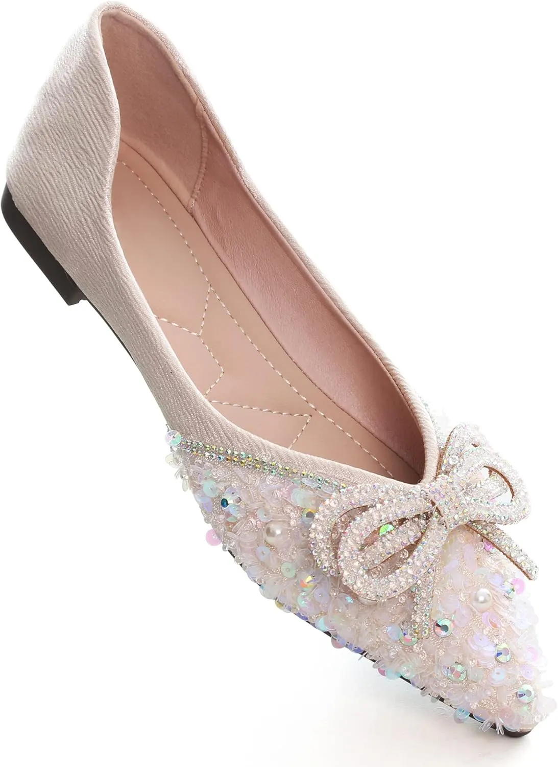 SAILING LU Bow-Knot Ballet Flats for Women Pointed Toe Crystals Wedding Shoes Comfort Light Weight Loafers