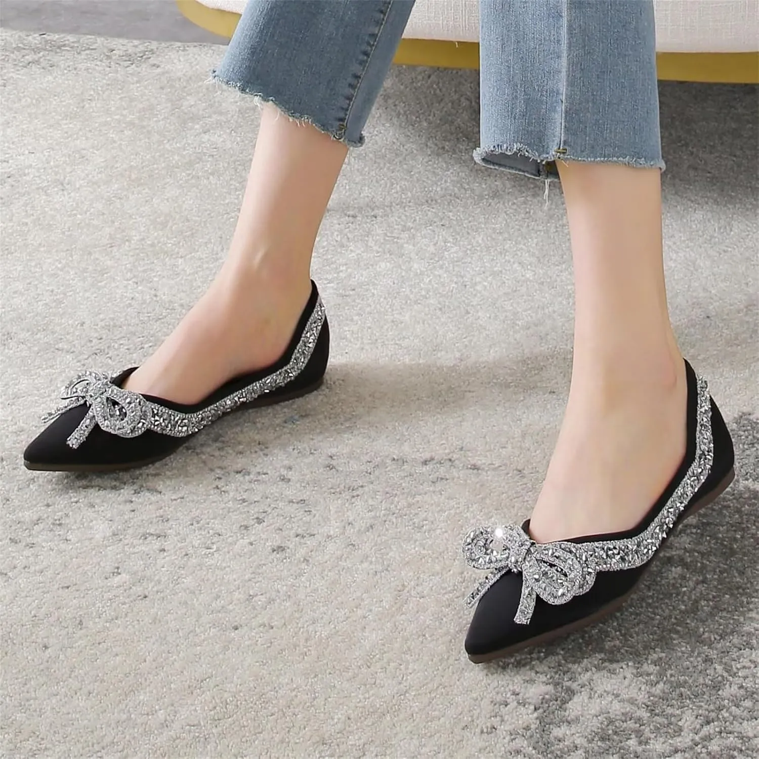 SAILING LU Bow-Knot Ballet Flats for Women Pointed Toe Crystals Wedding Shoes Comfort Light Weight Loafers
