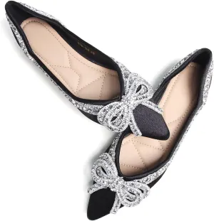 SAILING LU Bow-Knot Ballet Flats for Women Pointed Toe Crystals Wedding Shoes Comfort Light Weight Loafers