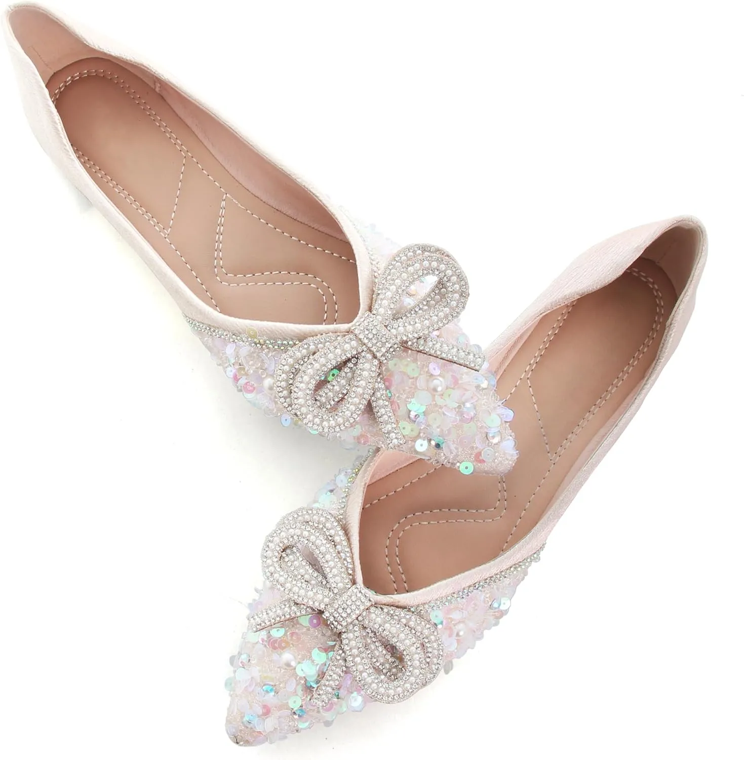 SAILING LU Bow-Knot Ballet Flats for Women Pointed Toe Crystals Wedding Shoes Comfort Light Weight Loafers
