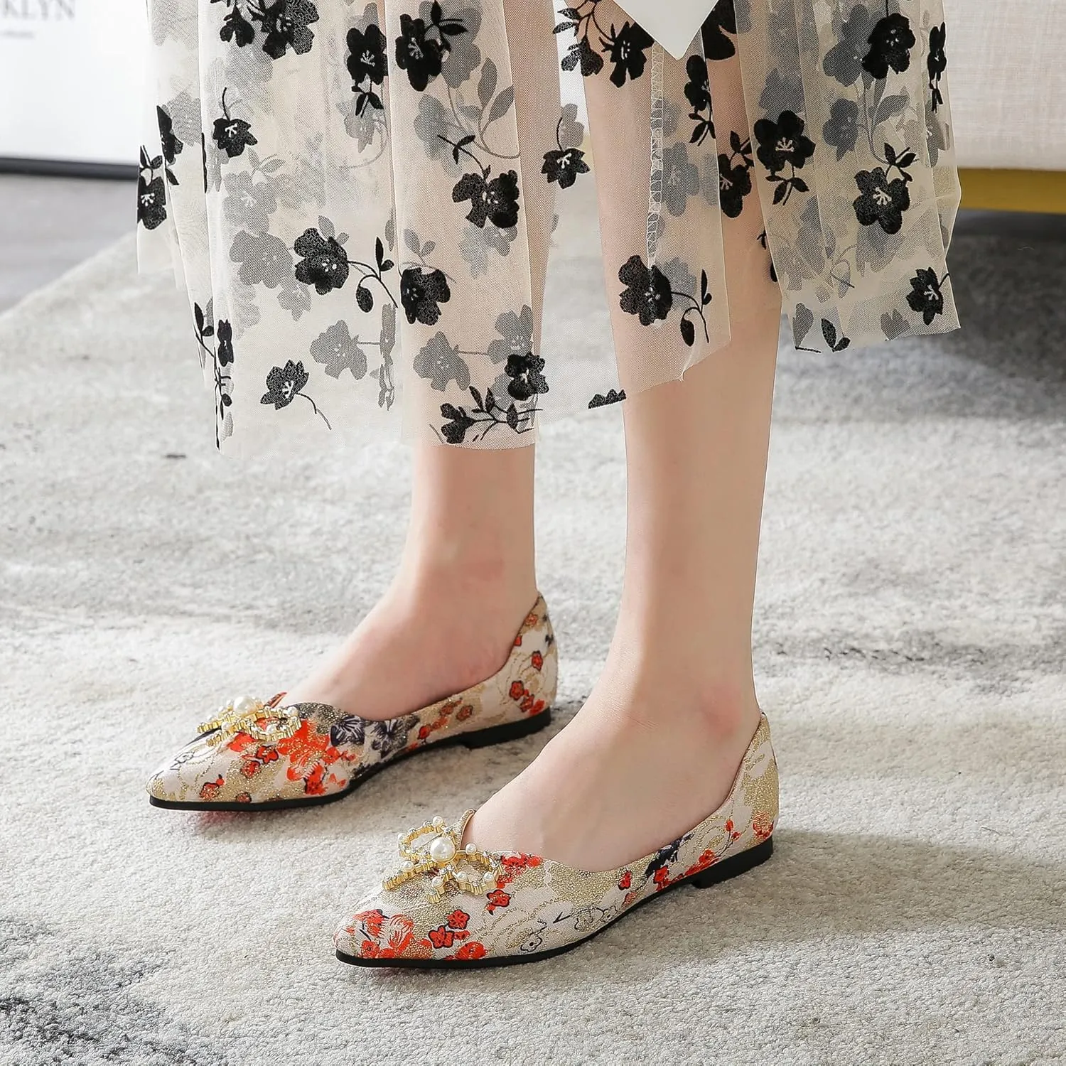 SAILING LU Bow-Knot Ballet Flats for Women Pointy Toe Sequins Dressy Shoes Womens Comfortable Slip on Loafers Light Weight