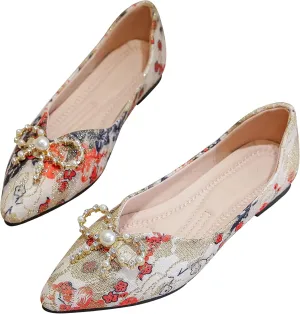 SAILING LU Bow-Knot Ballet Flats for Women Pointy Toe Sequins Dressy Shoes Womens Comfortable Slip on Loafers Light Weight