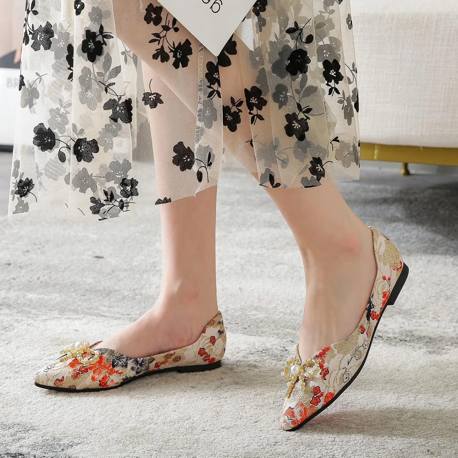 SAILING LU Bow-Knot Ballet Flats for Women Pointy Toe Sequins Dressy Shoes Womens Comfortable Slip on Loafers Light Weight